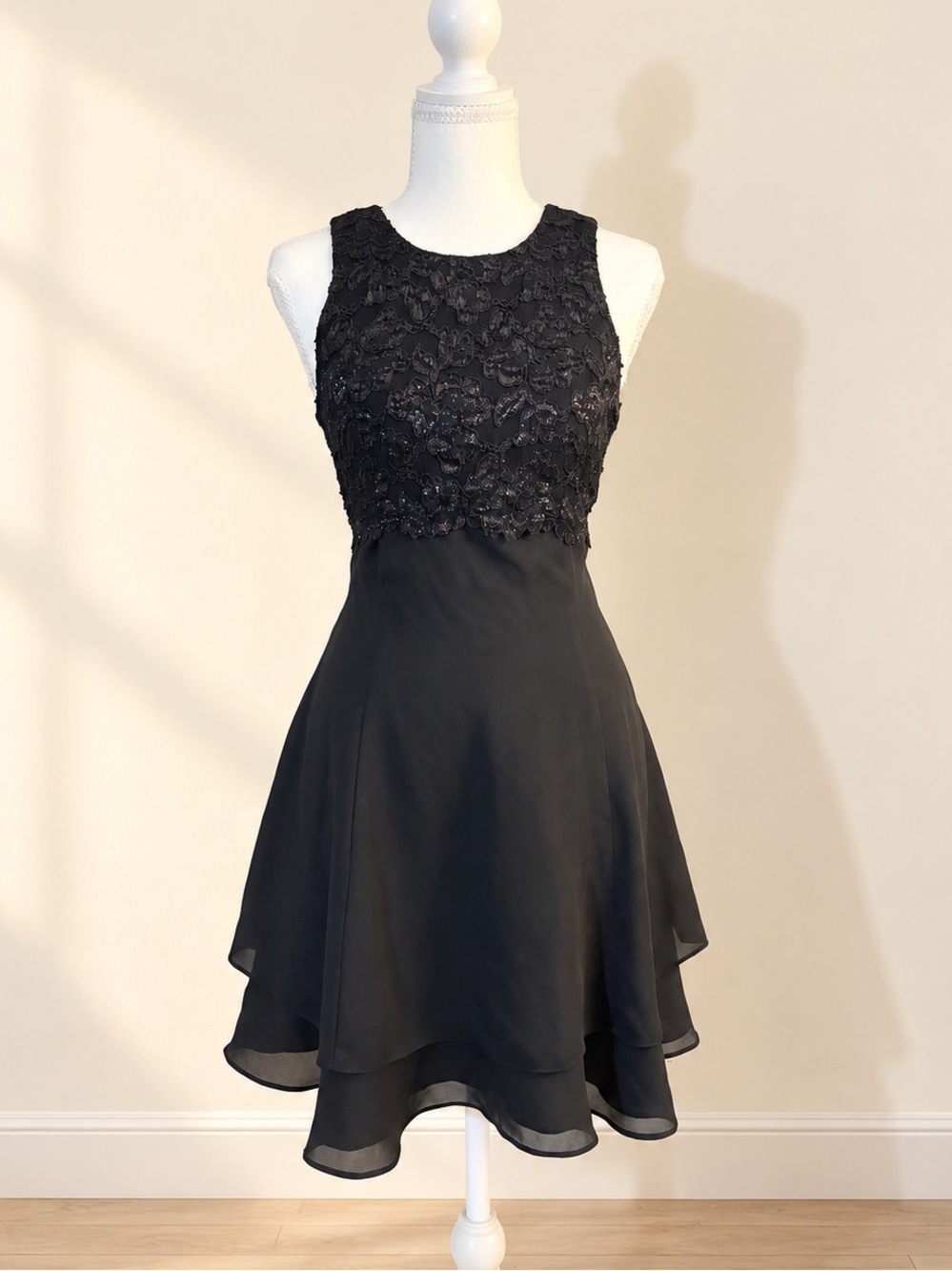 Vintage Roberta Black Lace Open Back Chiffon Dress Size 7/8